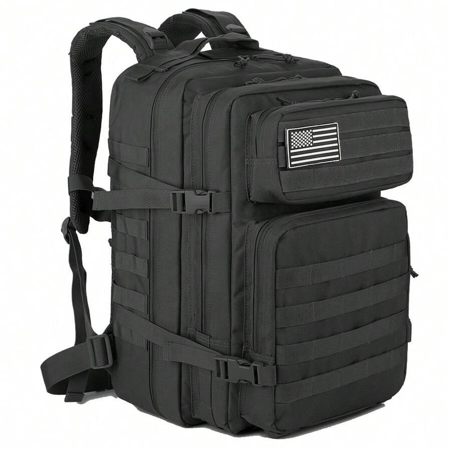 Black TU SHOP 50L tactical military backpack with MOLLE webbing and American flag patch