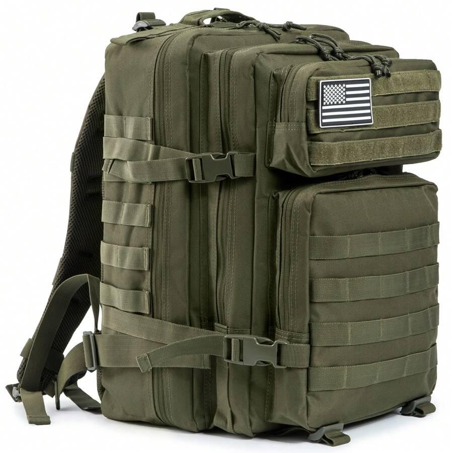 TU SHOP 50L tactical military backpack in olive green with MOLLE webbing and US flag patch