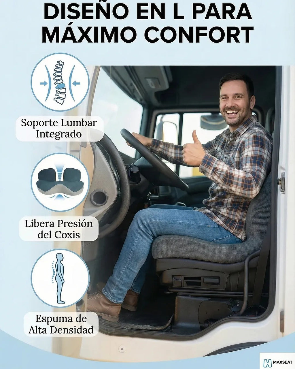 Man driving a truck using a TU SHOP L-shaped orthopedic lumbar support cushion.
