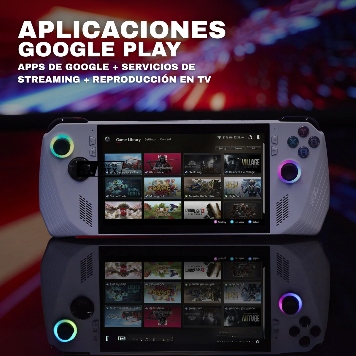 Asus Ayanec handheld video game console displaying Google Play apps and game library.