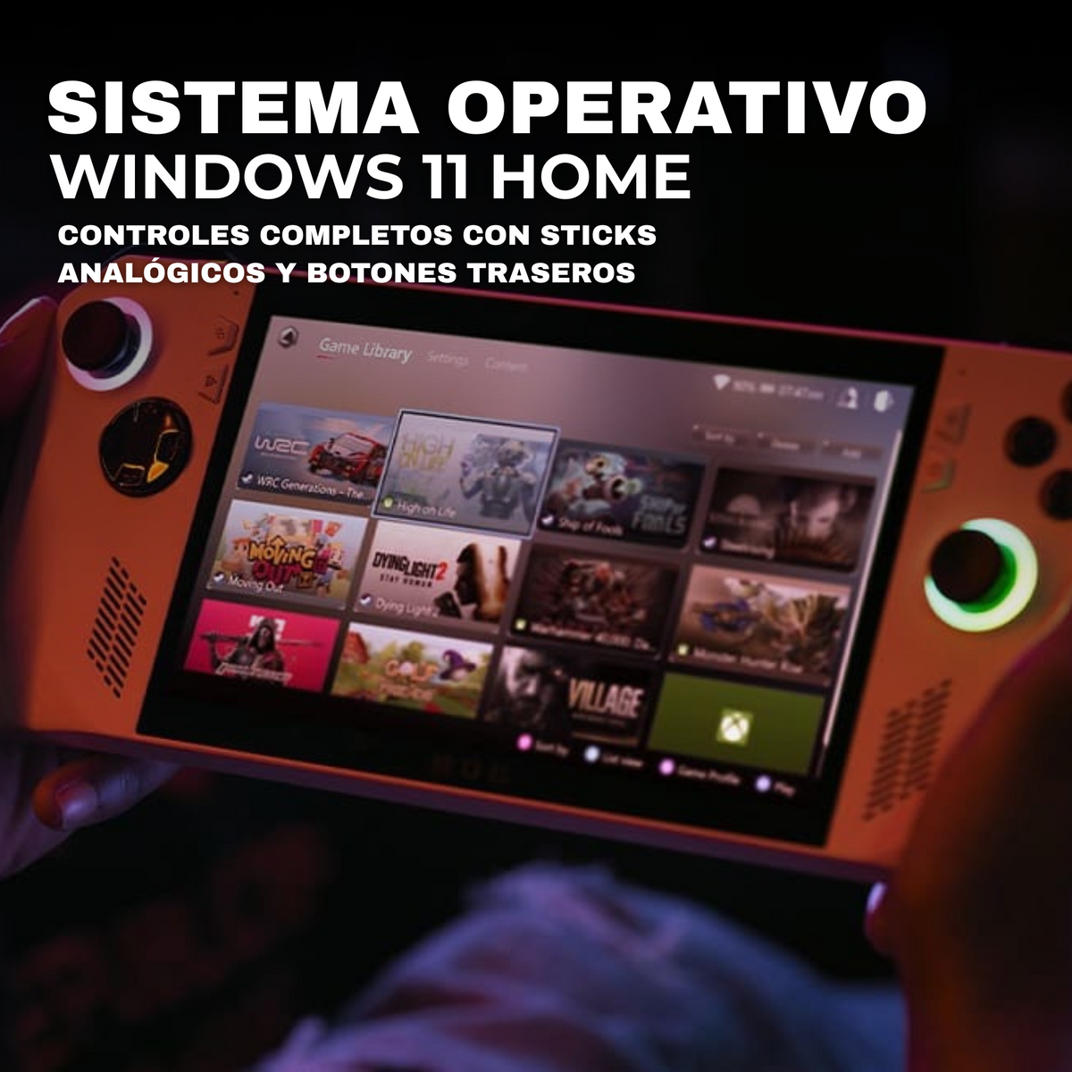 Asus Ayanec handheld console running Windows 11 Home with integrated video games.