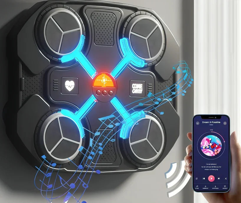 TU SHOP wall-mounted boxing machine for kids with Bluetooth music connectivity via smartphone.