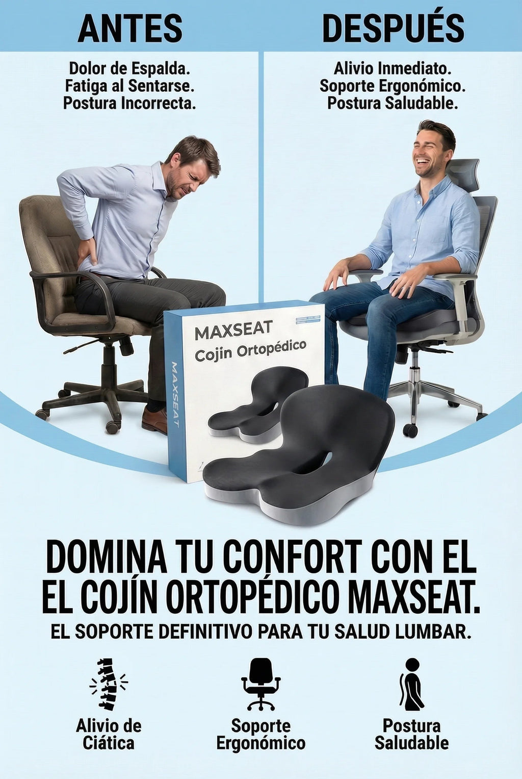 Maxseat orthopedic cushion for lumbar support and healthy posture, before and after comparison.