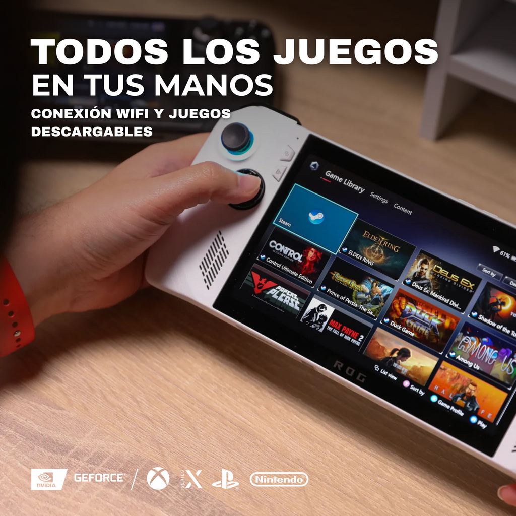 Hand playing Asus Ayanec handheld video game console with Steam and Elden Ring on screen.