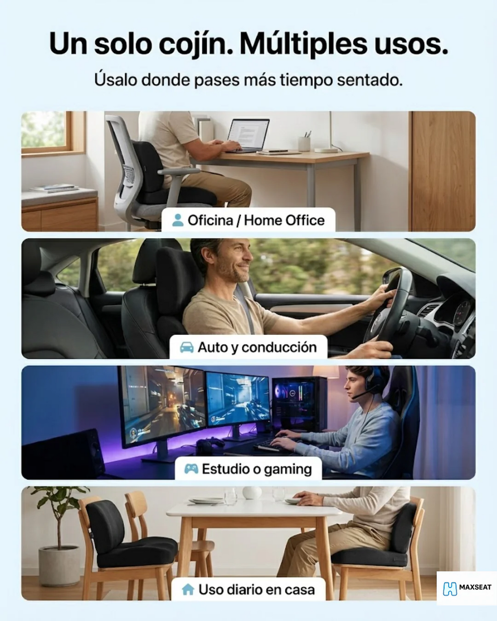 Versatile TU SHOP orthopedic lumbar cushion for office, driving, gaming, and home use.