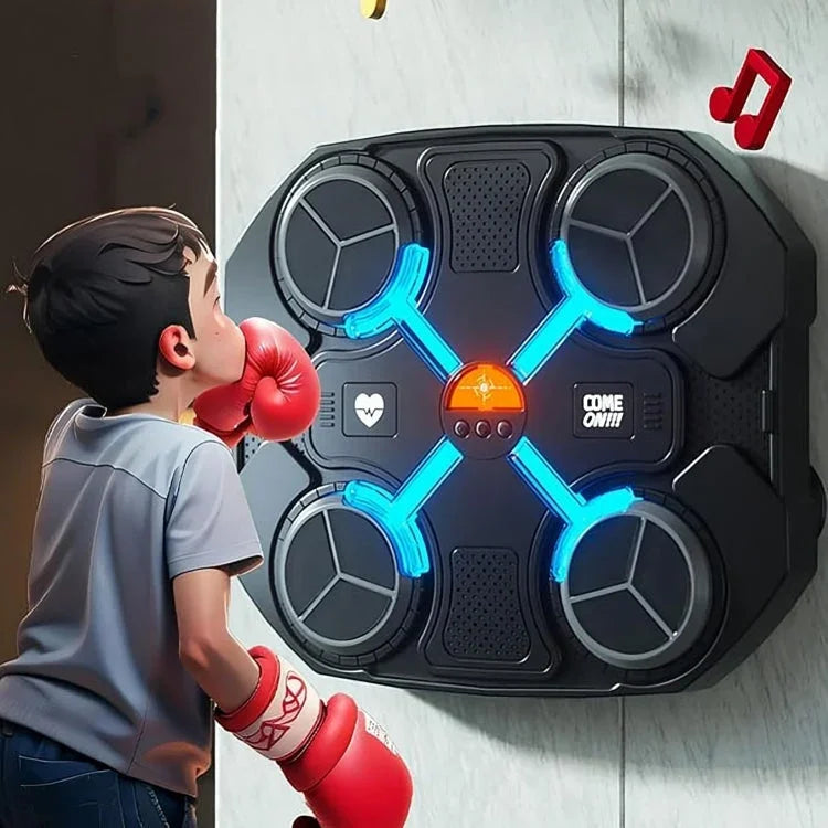 A boy wearing red boxing gloves practicing with a TU SHOP electronic boxing machine for kids.