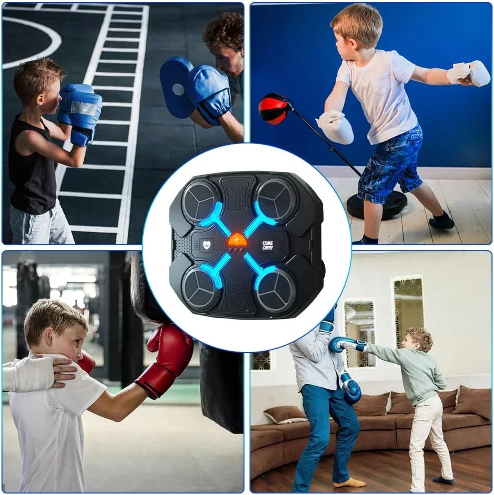 Kids using a TU SHOP electronic boxing machine for interactive fitness training.