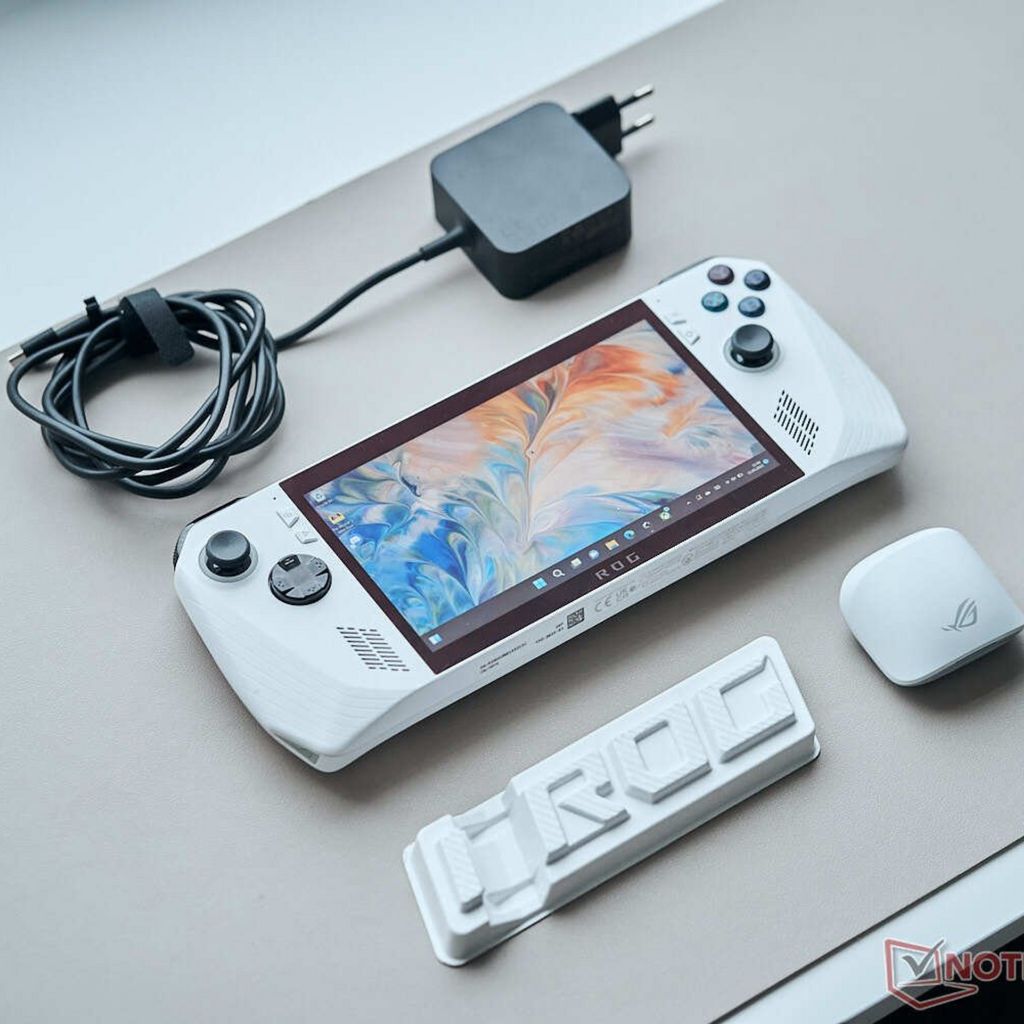 Asus ROG Ally handheld gaming console with charger and accessories