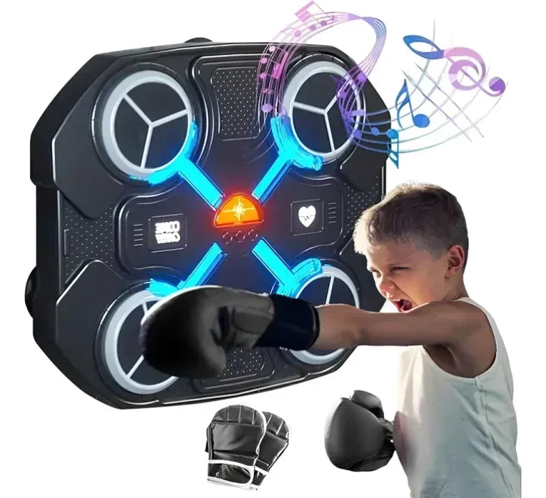 Boy practicing with TU SHOP electronic boxing machine for kids and boxing gloves