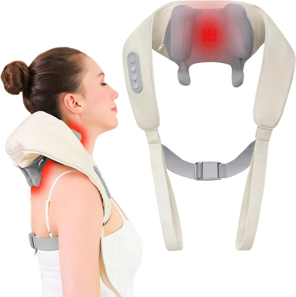 Woman using a TU SHOP thermal neck massager for pain relief on her shoulders and neck.
