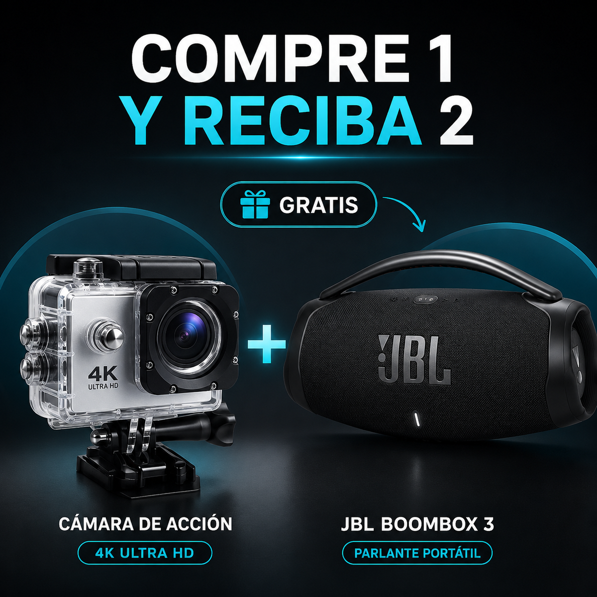 4K Ultra HD action camera and JBL Boombox 3 portable speaker buy one get one free offer.
