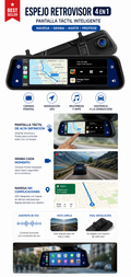 TU SHOP 4-in-1 smart touchscreen rearview mirror with GPS navigation and front camera.