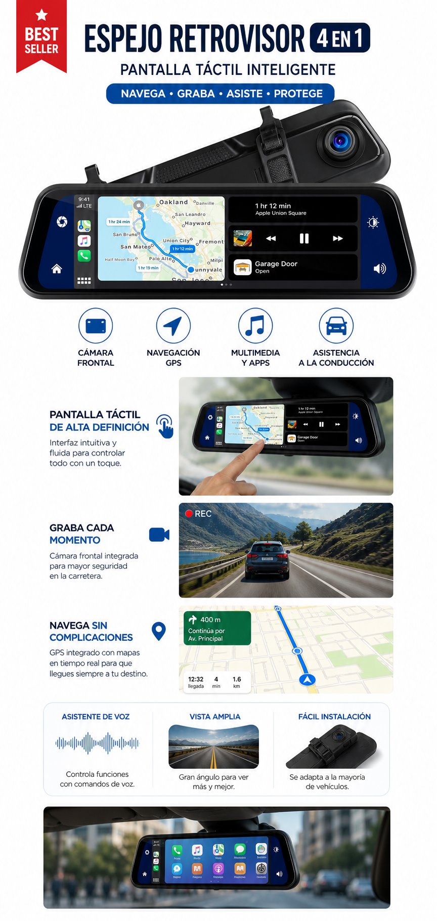 TU SHOP 4-in-1 smart touchscreen rearview mirror with GPS navigation and front camera.