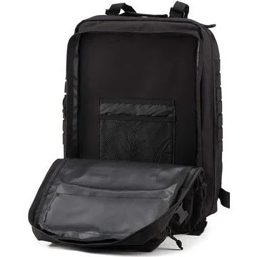 Open black TU SHOP 50L tactical military backpack showing interior compartments