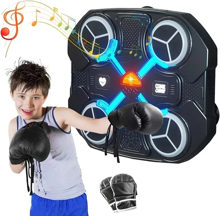 Boy practicing boxing with TU SHOP rhythm boxing machine and black gloves