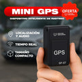 Hand holding a compact black GF-07 mini GPS tracking device with real-time location and audio features.