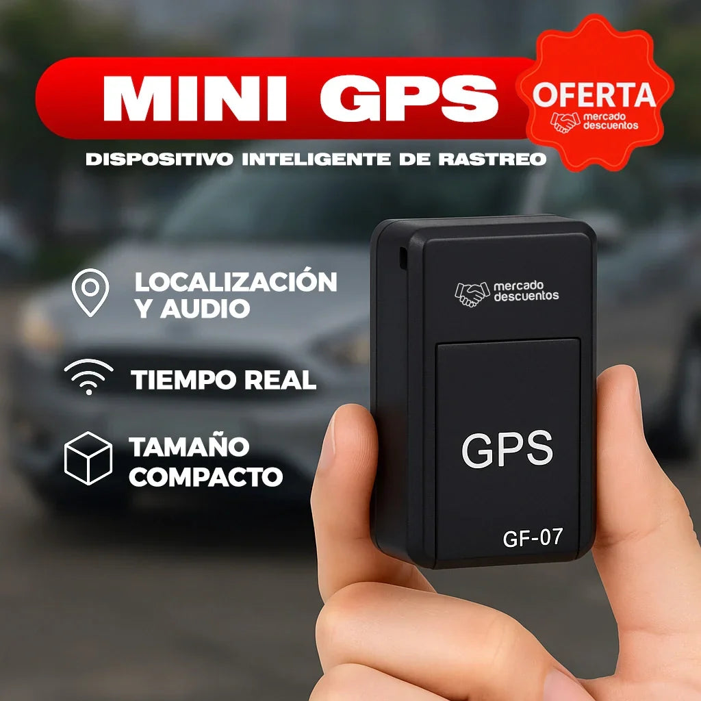 Hand holding a compact black GF-07 mini GPS tracking device with real-time location and audio features.