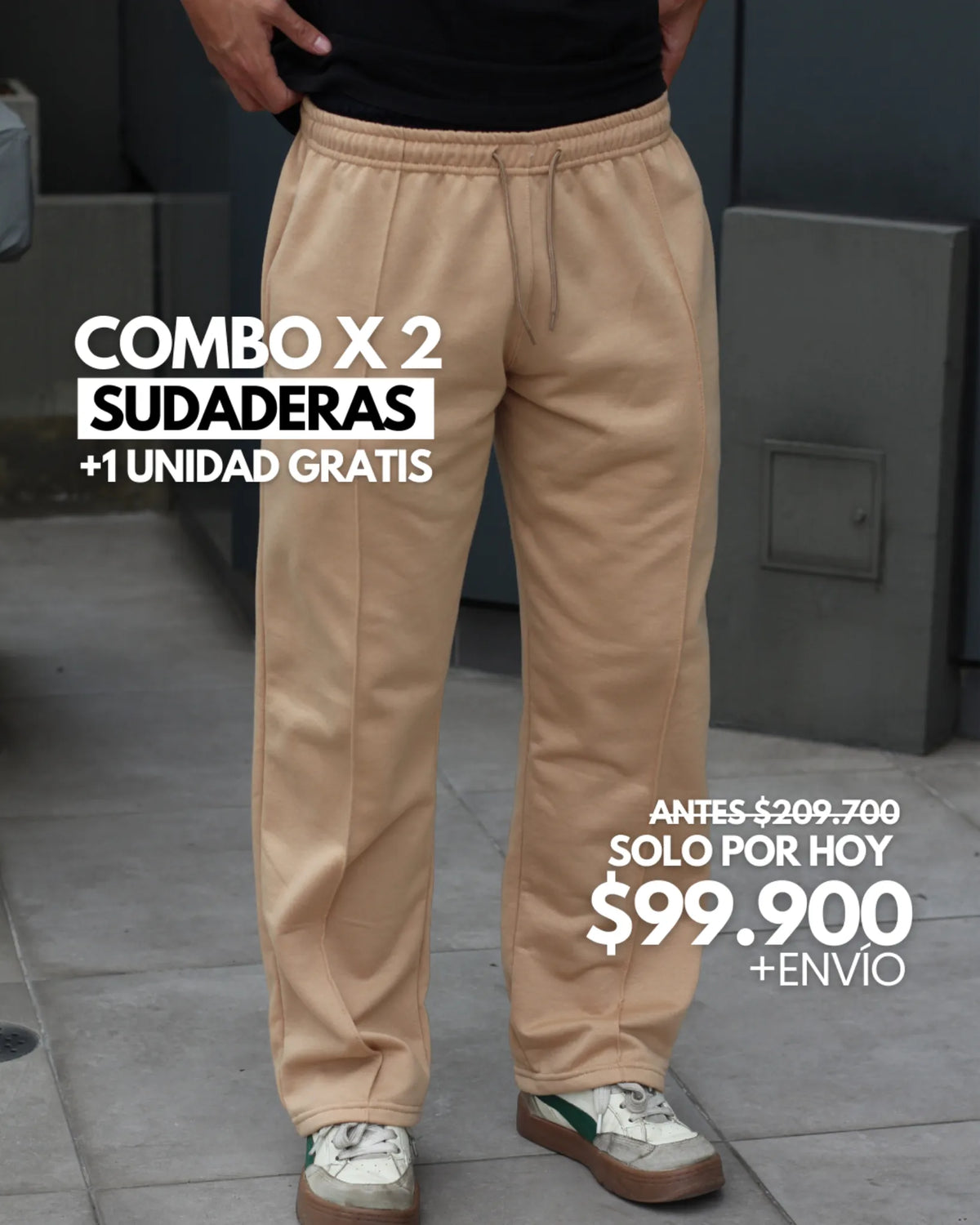Man wearing beige urban sweatpants from TU SHOP combo deal.