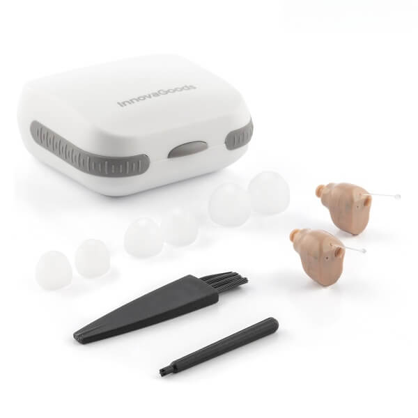 TU SHOP CIC micro hearing aids with charging case and cleaning kit.