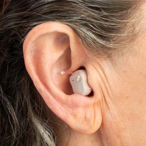 TU SHOP Clear Sound™ micro hearing aids worn in a person's ear.
