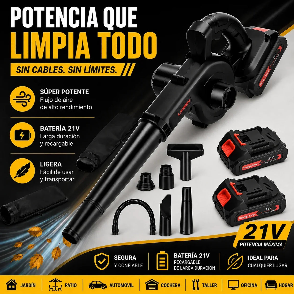 Soplador de aire inalámbrico 21V de TU SHOP con accesorios para limpieza de jardín y hogar.