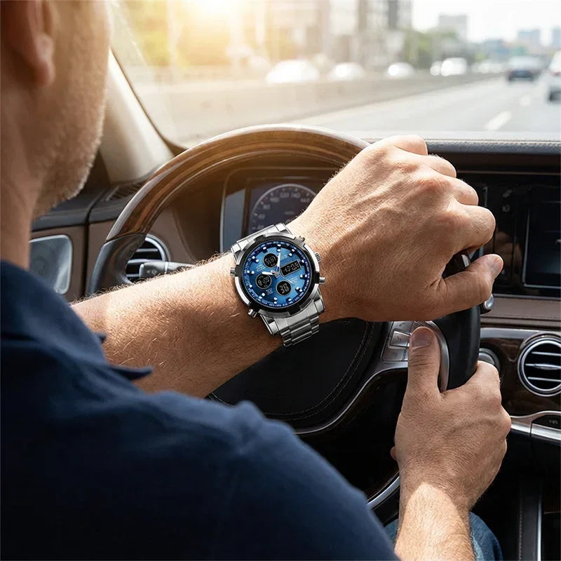 Man driving a car wearing a TU SHOP waterproof military style wristwatch.