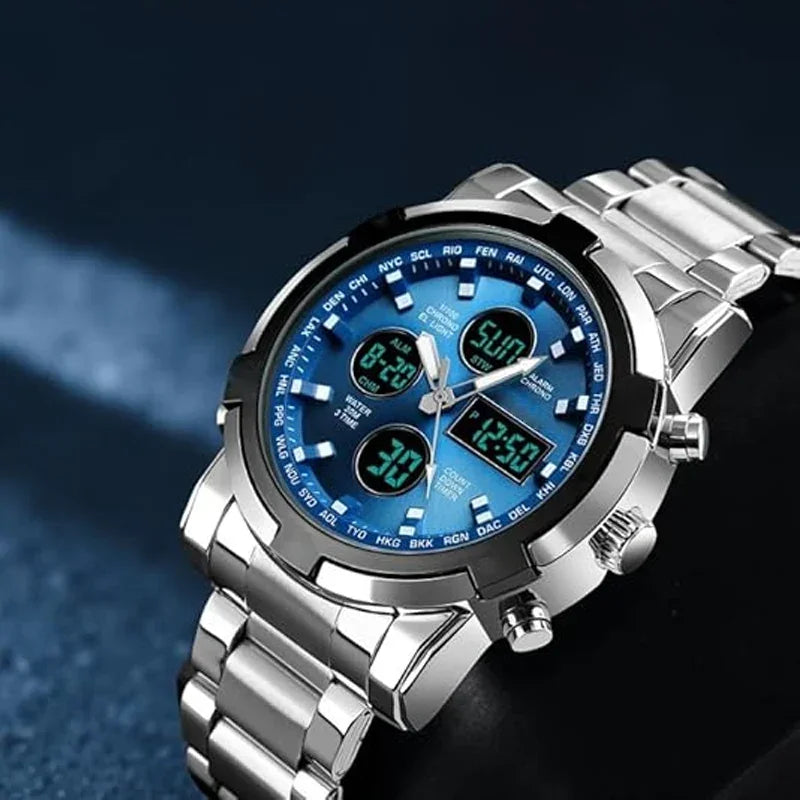 Silver TU SHOP military digital watch with blue dial and waterproof design