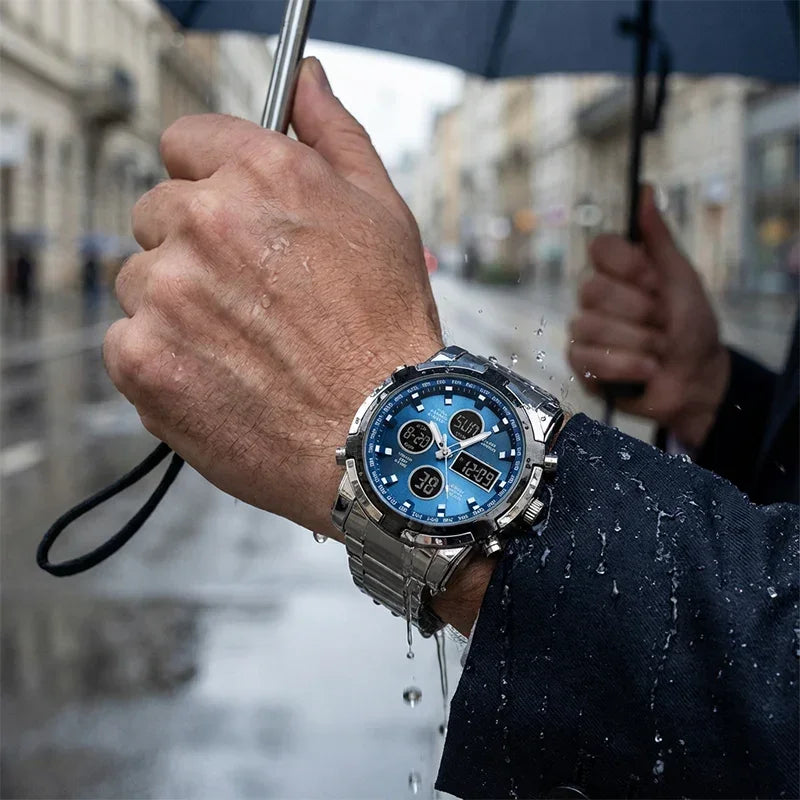 TU SHOP military style waterproof men's wristwatch worn by a man holding an umbrella in the rain