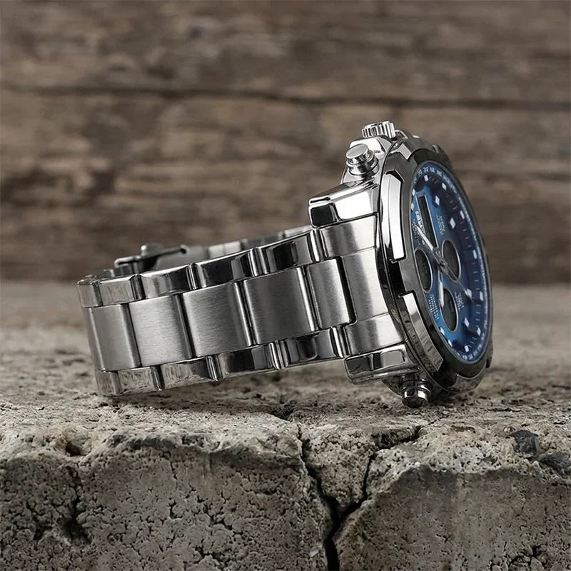 Silver stainless steel military watch with blue dial by TU SHOP