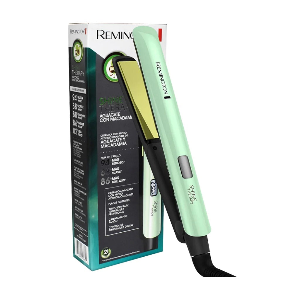 Remington Shine Therapy avocado and macadamia hair straightener with product packaging